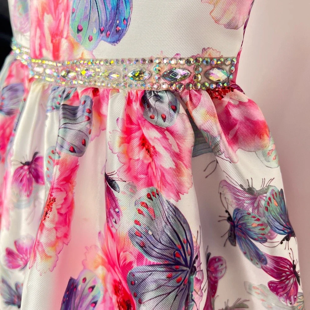 Rare Editions High-Low Dress Girls 10 White Pink Floral Butterfly Rhinestone
